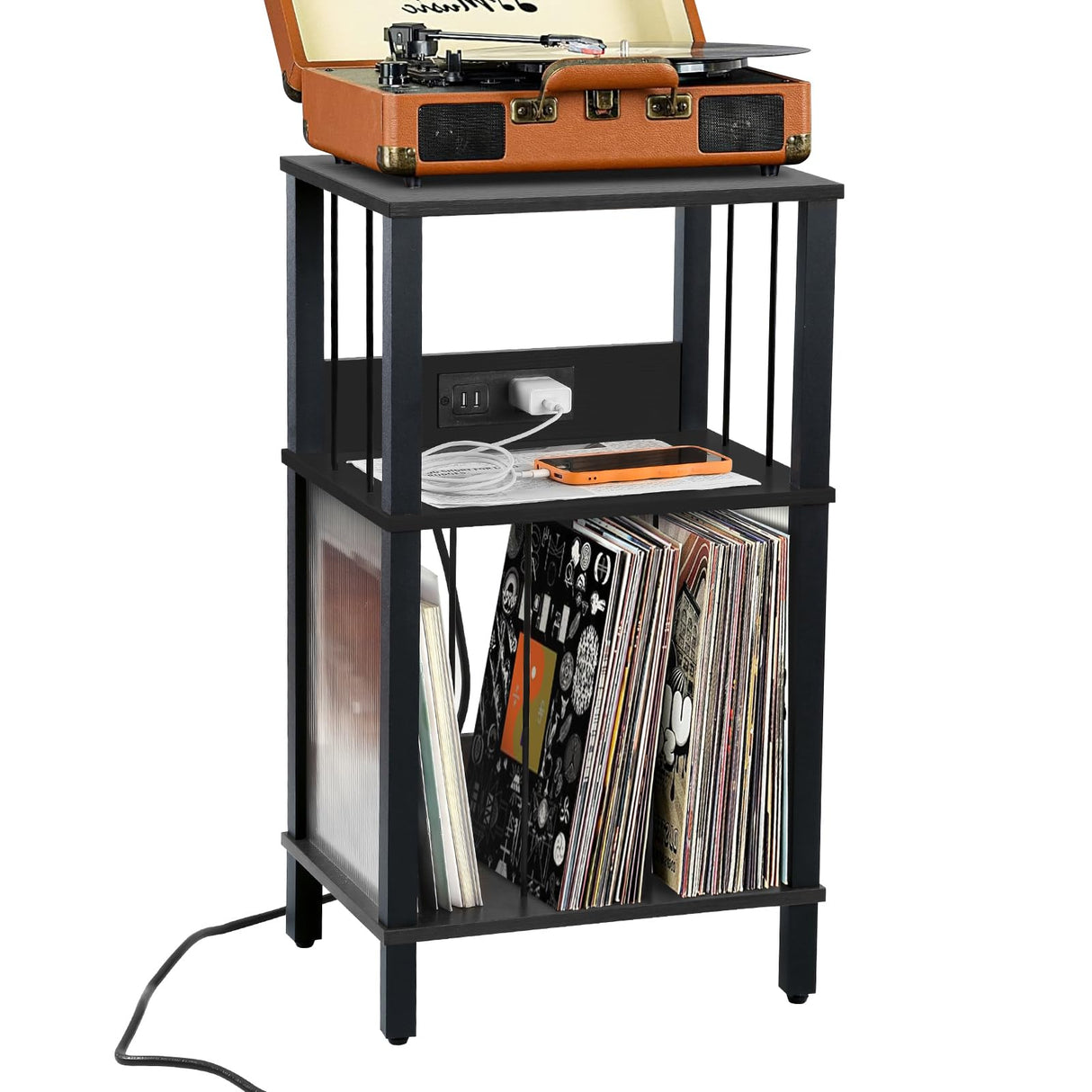 DGSANDGO Record Player Stand with Charging Station, 3 Tier End Table with Vinyl Record Holder, Record Shelf Up to 100 Albums, for Living Room, Bedroom, Office.(Black) DGSANDGO