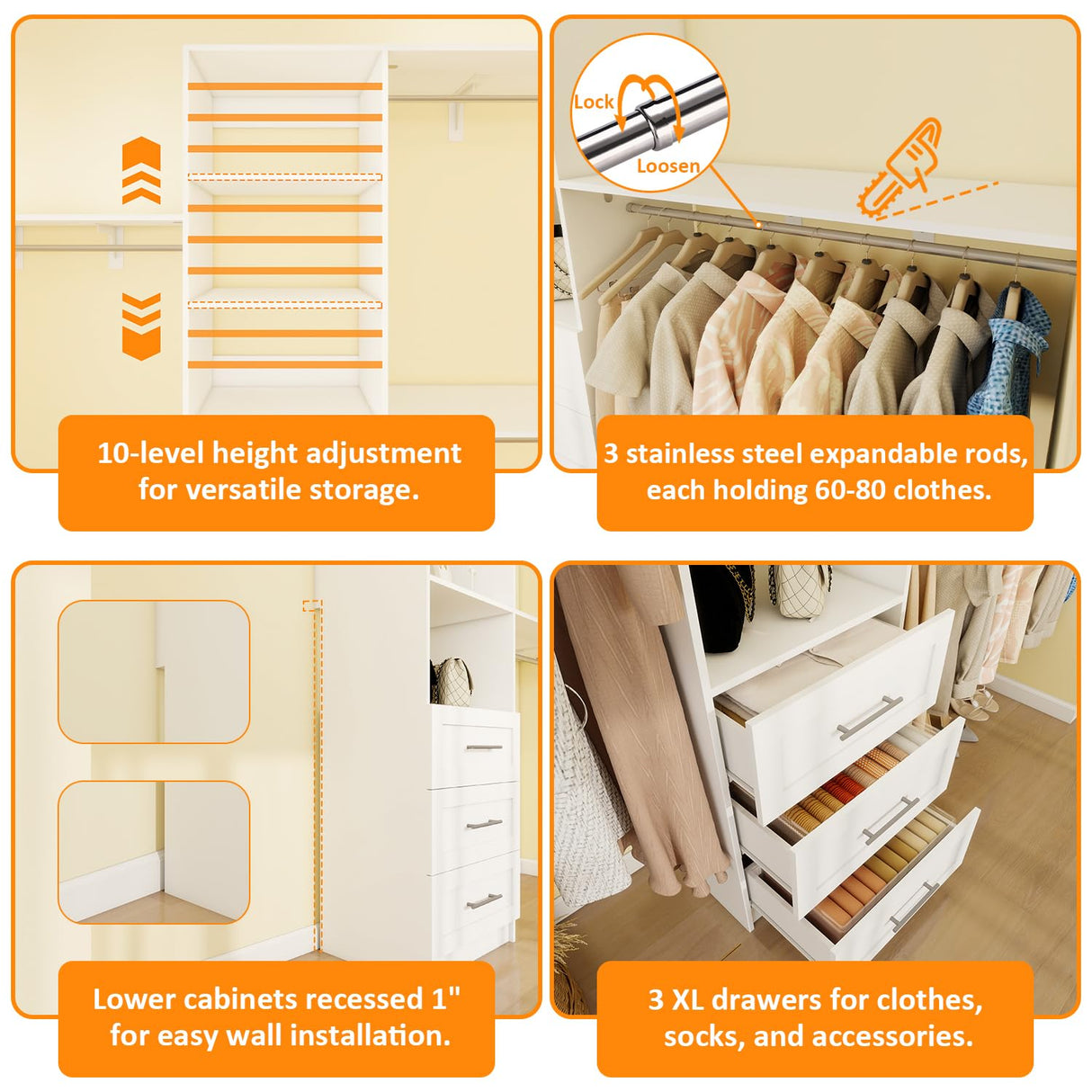 Sokiche Closet System with Drawers, 5FT-8FT Closet Organizer System with Shelves & Adjustable Hanging Rods, 96" Walk in Closet System Storage Wood, White Sokiche