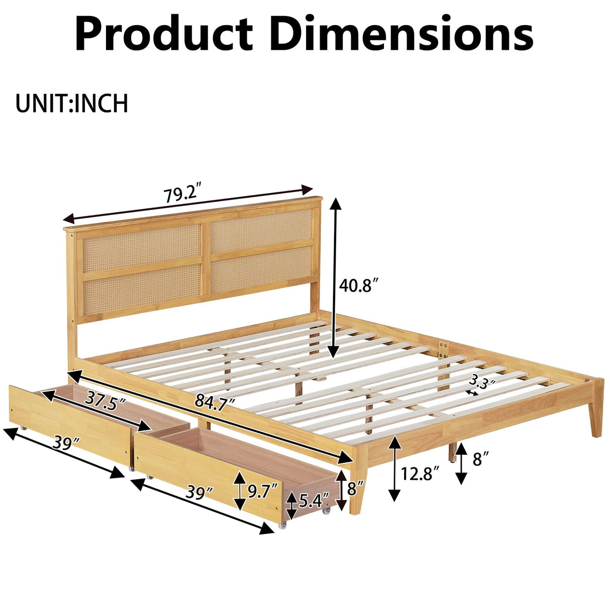 HRVEOCEI Boho Bed Frame King with Rattan Headboard, Rattan Bed Frame& King Beds Frames with Wood Legs, Solid Wood Beds Frames with Storage Underneath,Easy Assembly (White Oak, Kings) HRVEOCEI