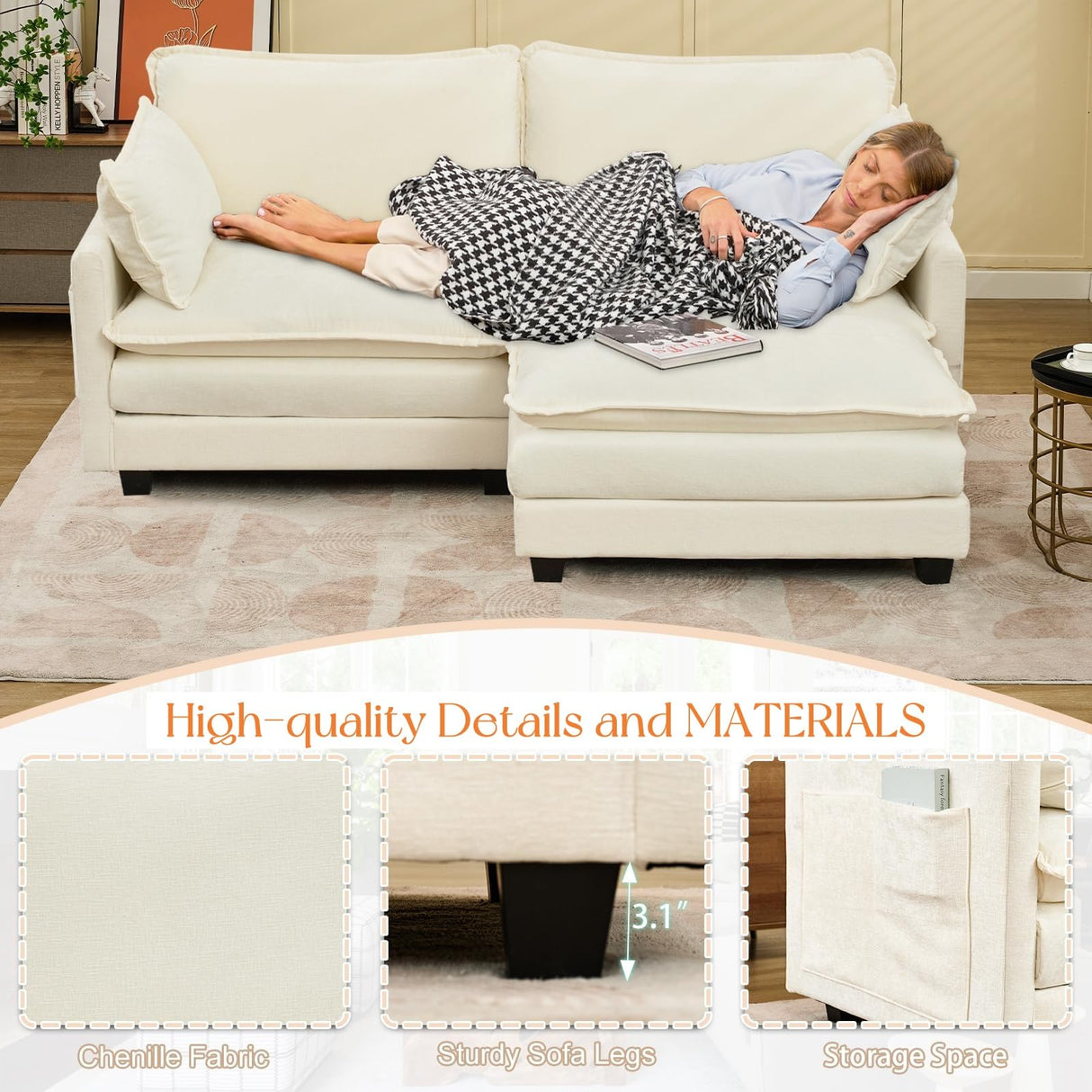 GlasFlength Sectional Couches for Living Room - L Shaped Couch Cloud Couch Comfy Sectional Couches, 77.6" 2 Seat Sofa Comfy Sectional with Ottoman/Pillows for Apartment, Bedroom, Cream White GlasFlength