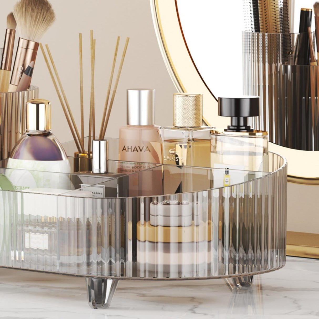 Rotating makeup organizer,Large Capacity Cosmetic Display Case, easy to hold all of your makeup products, at least 20 makeup brushes/eyeliner,10 lipsticks,8 skincare products(Crystal Amber) Booklov