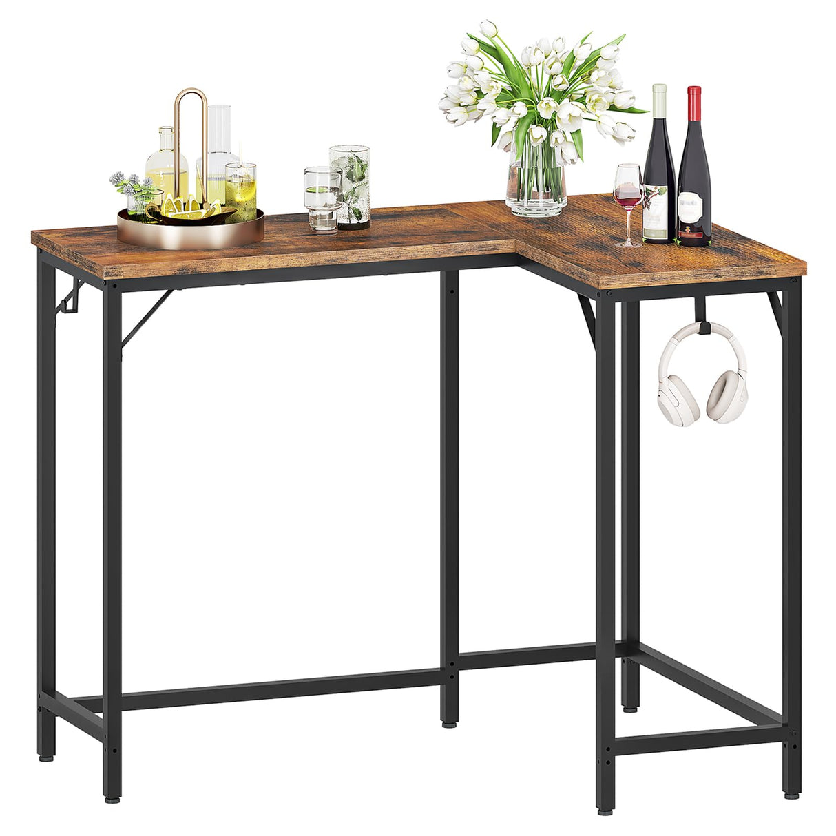 HOOBRO 63" Long Narrow Bar Table, Rectangular or L-Shaped Assembly Counter Height Bar Table, Vintage Industrial Style, for Living Room, Kitchen, Dining Room, Rustic Brown and Black BF69BT01 HOOBRO