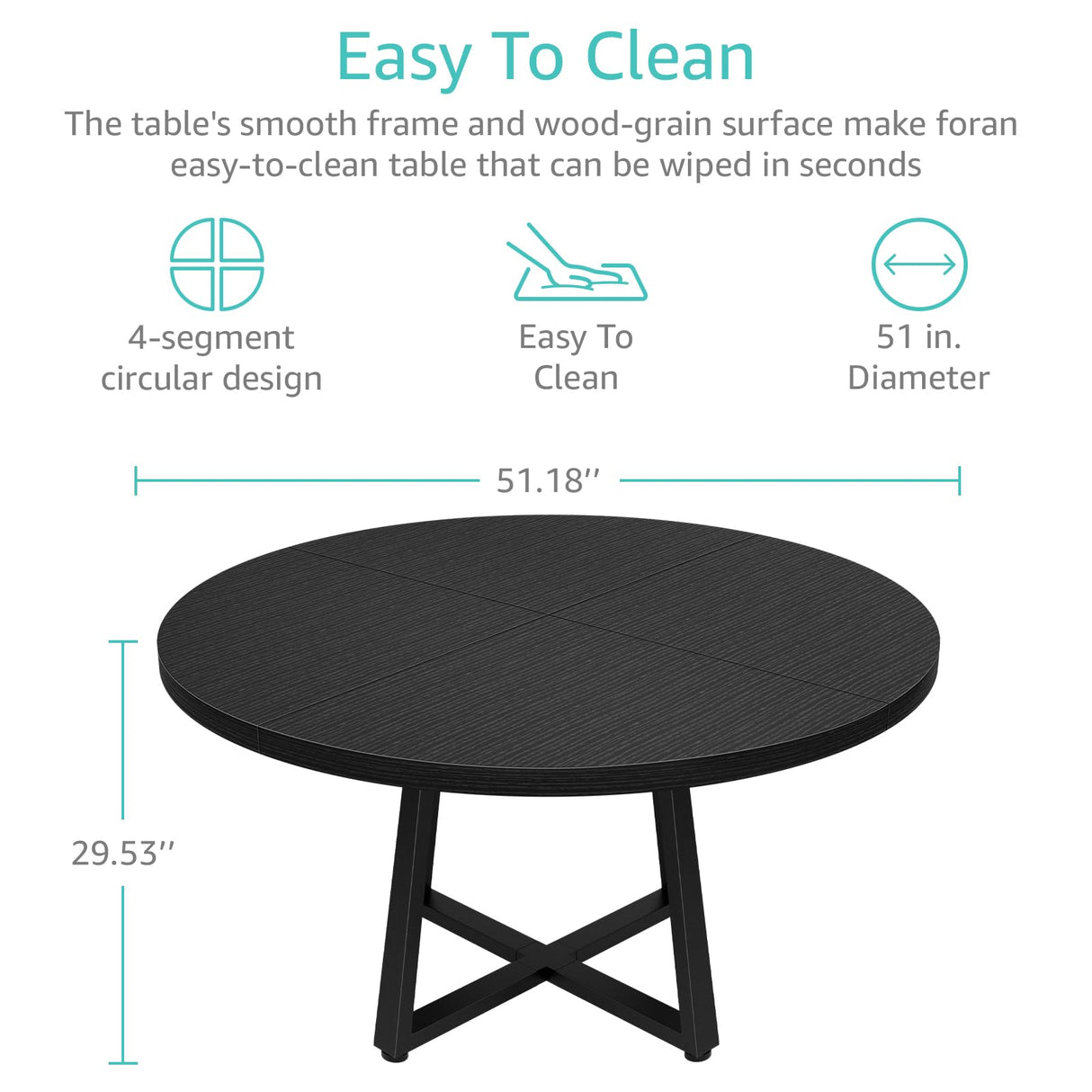 Black Round Dining Table for 6 - Modern Circle 51 Inch Large Room Kitchen Dinning Tables for 4 to 6 Person Seats Small Spaces Wood Dinner Mesa De Comedor Redonda NUTIKAS