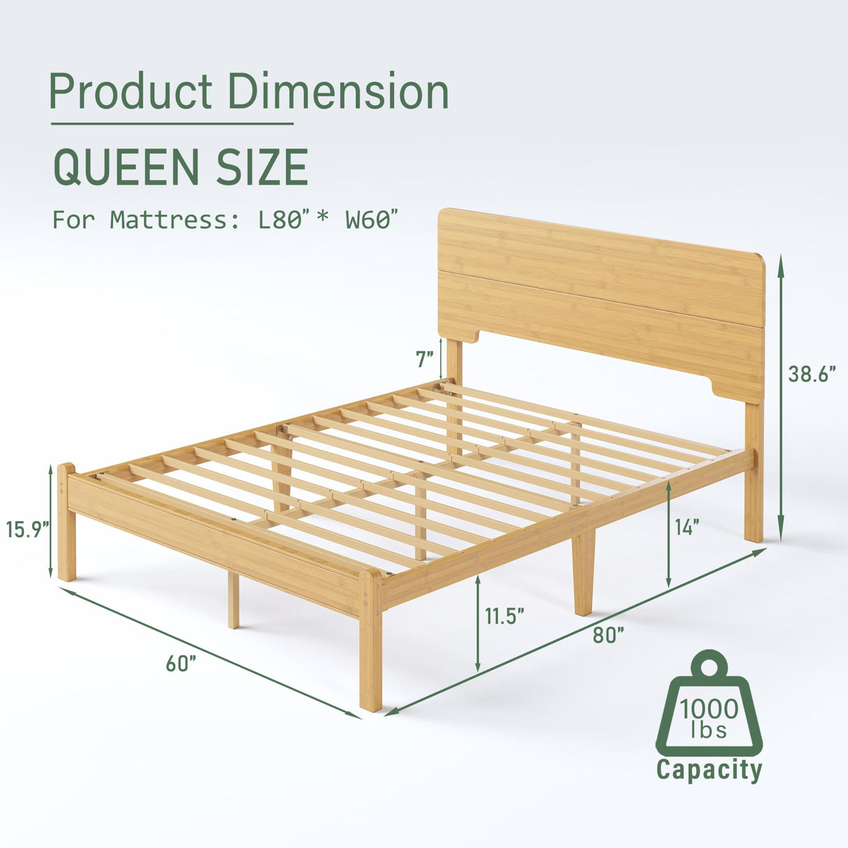 BOSRII 14in High Solid Bamboo Wood Platform Queen Size Bed Frame with Headboard, Reinforced Heavy Duty Metal Slats, Noise Free, No Box Spring Needed, Easy Assembly BOSRII