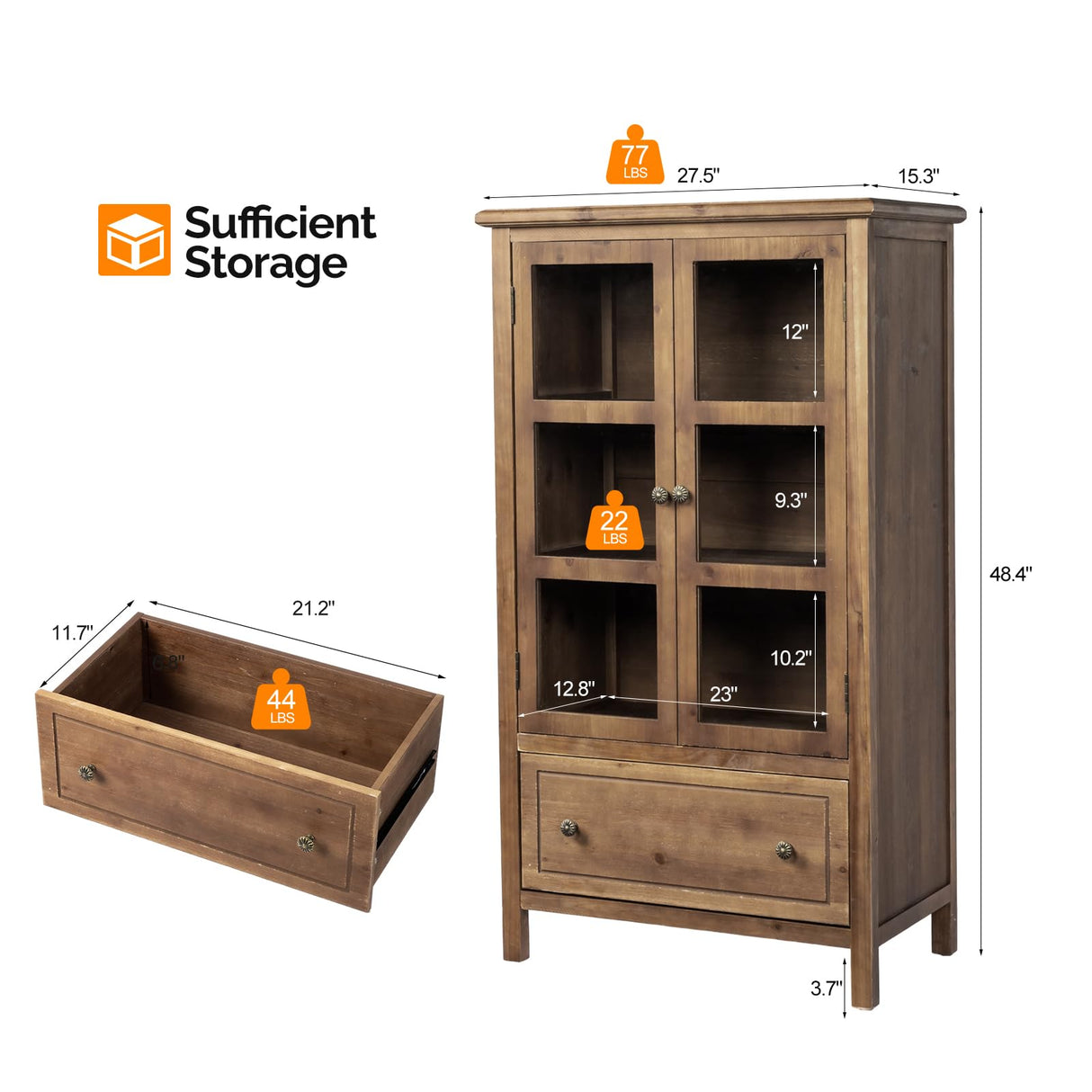 VINGLI Storage Cabinet with Glass Doors and Drawer, Glass Display Cabinet Display Case, Rustic Storage Cabinet with Doors and Shelves, Showcase Display Cabinet w/Cedar Finish & Solid Wood Leg,Walnut VINGLI