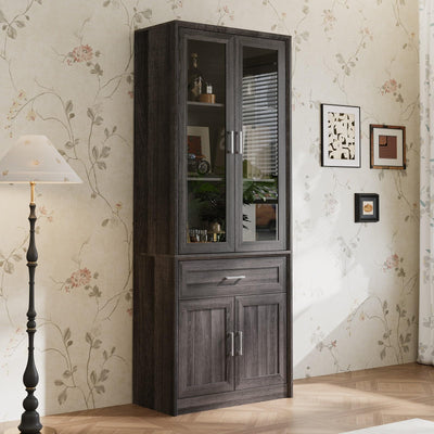 FAMAPY Display Cabinet with 2 Glass Doors, Display Case with Shelves & Drawer for Curio Trophy, Farmhouse Storage Cabinet for Living Room Home Office, Black, 15.7”D x 31.5”W x 79.9”H