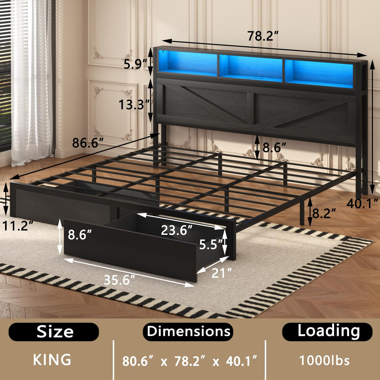 Incyneva Farmhouse King Bed Frame with Bookcase Storage Headboard, Charging Station, LED Light and 2 Storage Drawers, Noise Free, No Box Spring Needed, Black Incyneva
