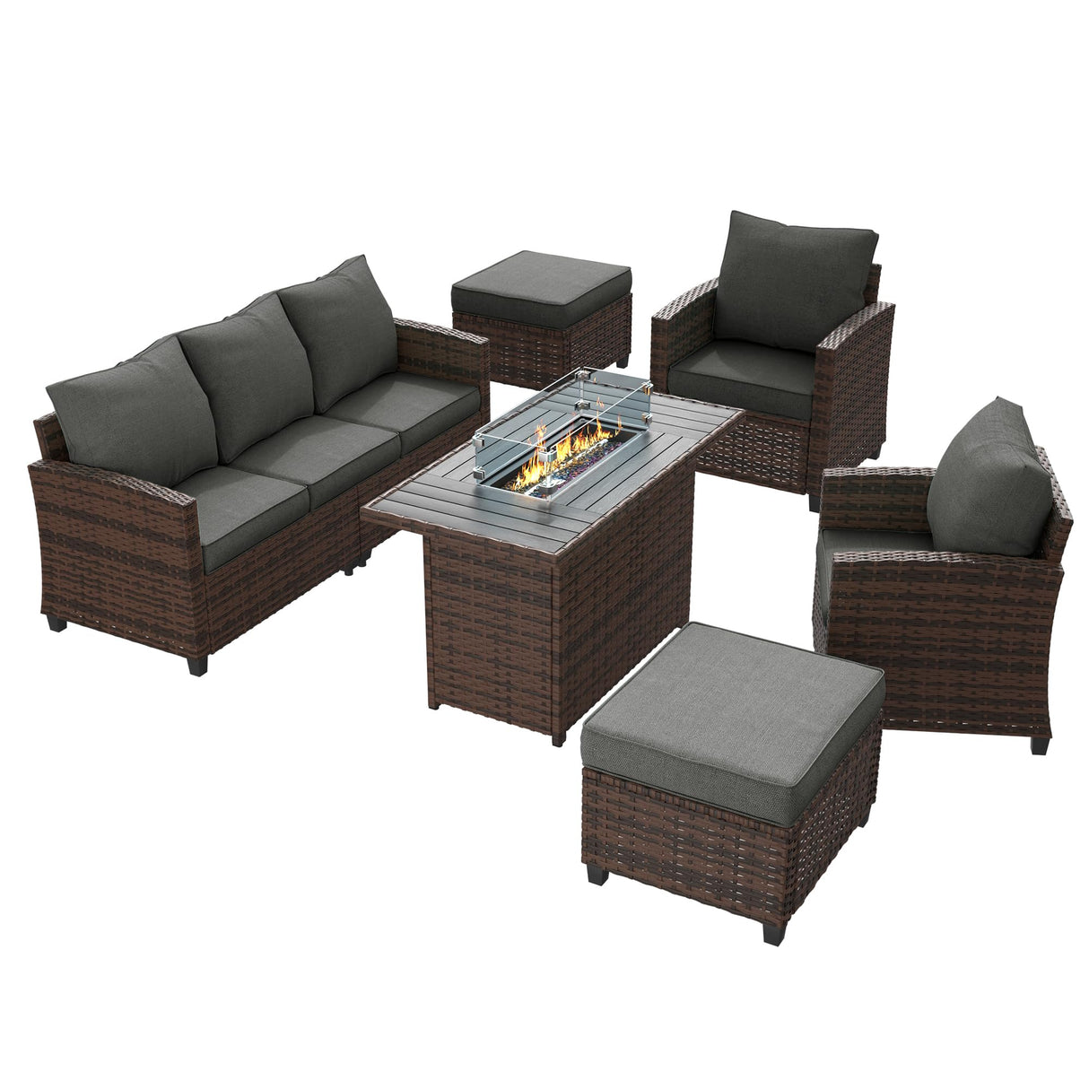 UDPATIO Outdoor Patio Furniture Set with 44" Fire Pit Table, 6 Pieces Sectional Conversation Sets, All-Weather Wicker Rattan Sofa Ottoman with 4" Thick Cushion for Garden Backyard Deck, Dark Grey UDPATIO