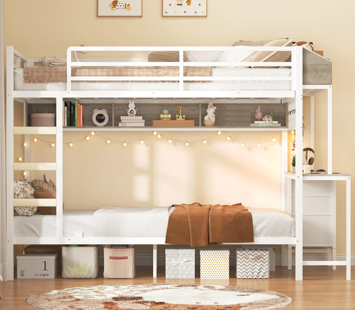 VIAGDO Bunk Bed Twin Over Twin with Charging Station and LED Lights, Heavy Duty Metal Bunk Bed with Desk and 3 Storage Drawers, Utility Storage Shelf and Boxes, No Box Spring Needed, White VIAGDO