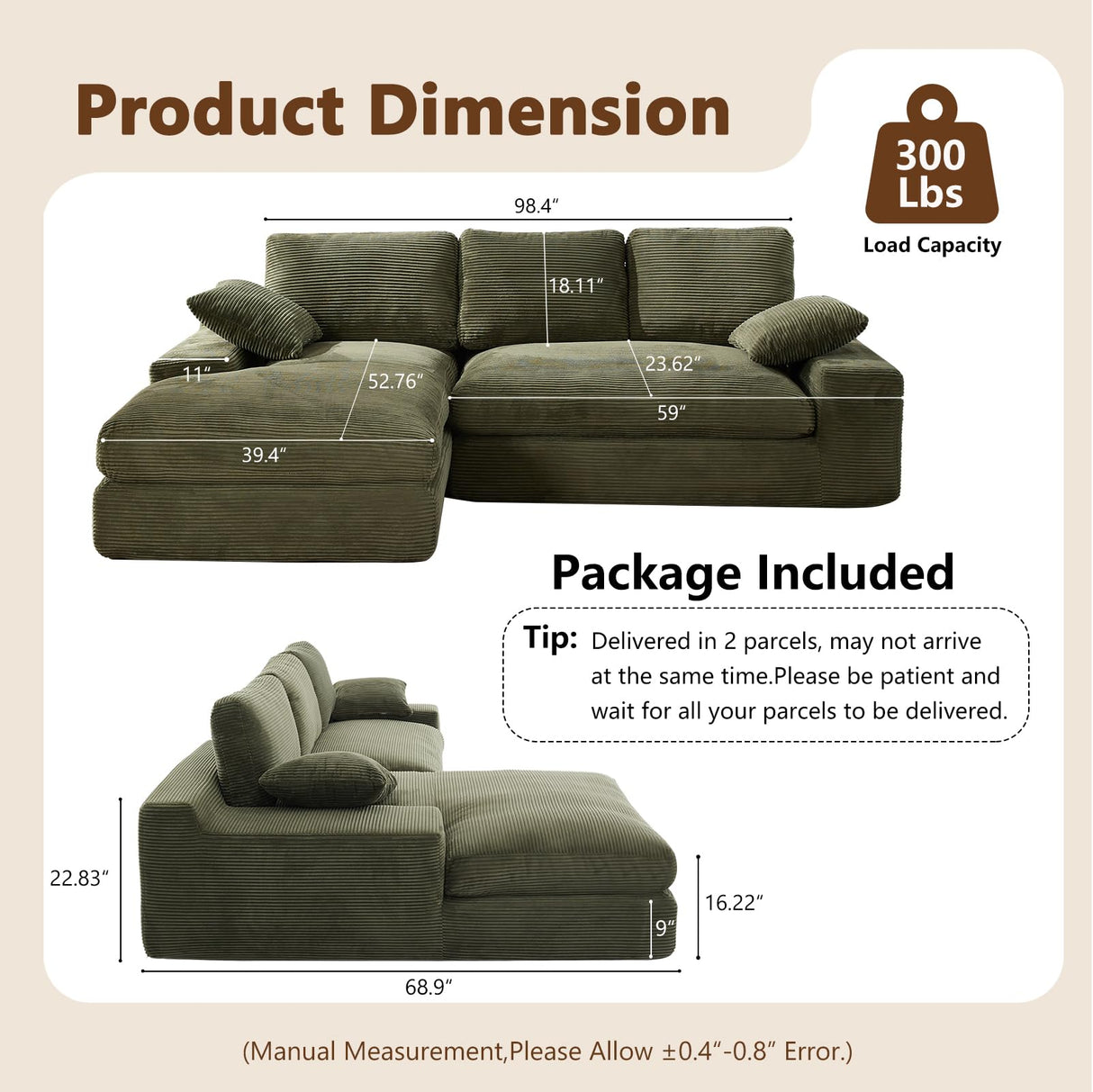 98.4" Green Sectional Sofa Cloud Modular Sectional Couch with Chaise,Corduroy Sectional Couches L-Shaped Modern Upholstered Sofa with Deep Seat for Living Room and Bedroom,No Assembly Required(Green) XSZD