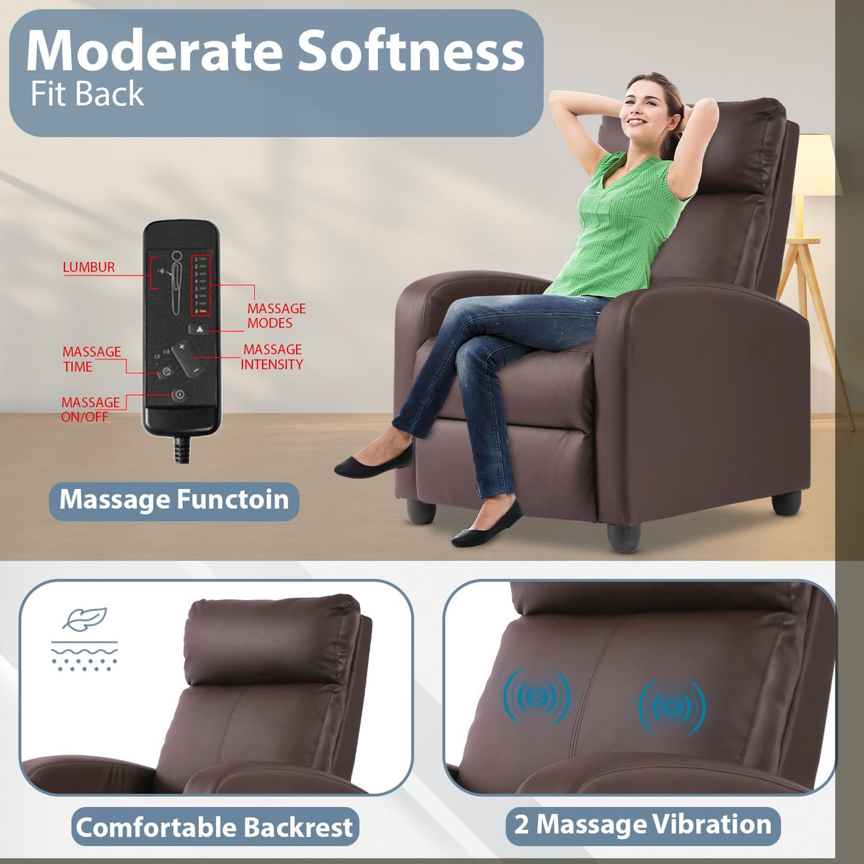 Ruesleag Massage Recliner Chair Recliner Sofa Modern Reclining Chair w/Footrest Backrest Breathable Padded Single Sofa Home Theater Seating Reclining Easy Lounge for Living Room Bedroom,Brown Ruesleag