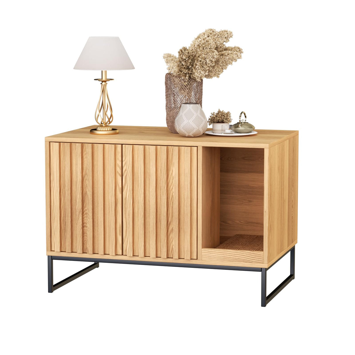 FiveWillowise Litter Box Enclosure, Modern Fluted Hidden Litter Box Furniture,Cat Litter Box Enclosure with Scratching Mat,Cat House Side End Table,Natural FiveWillowise