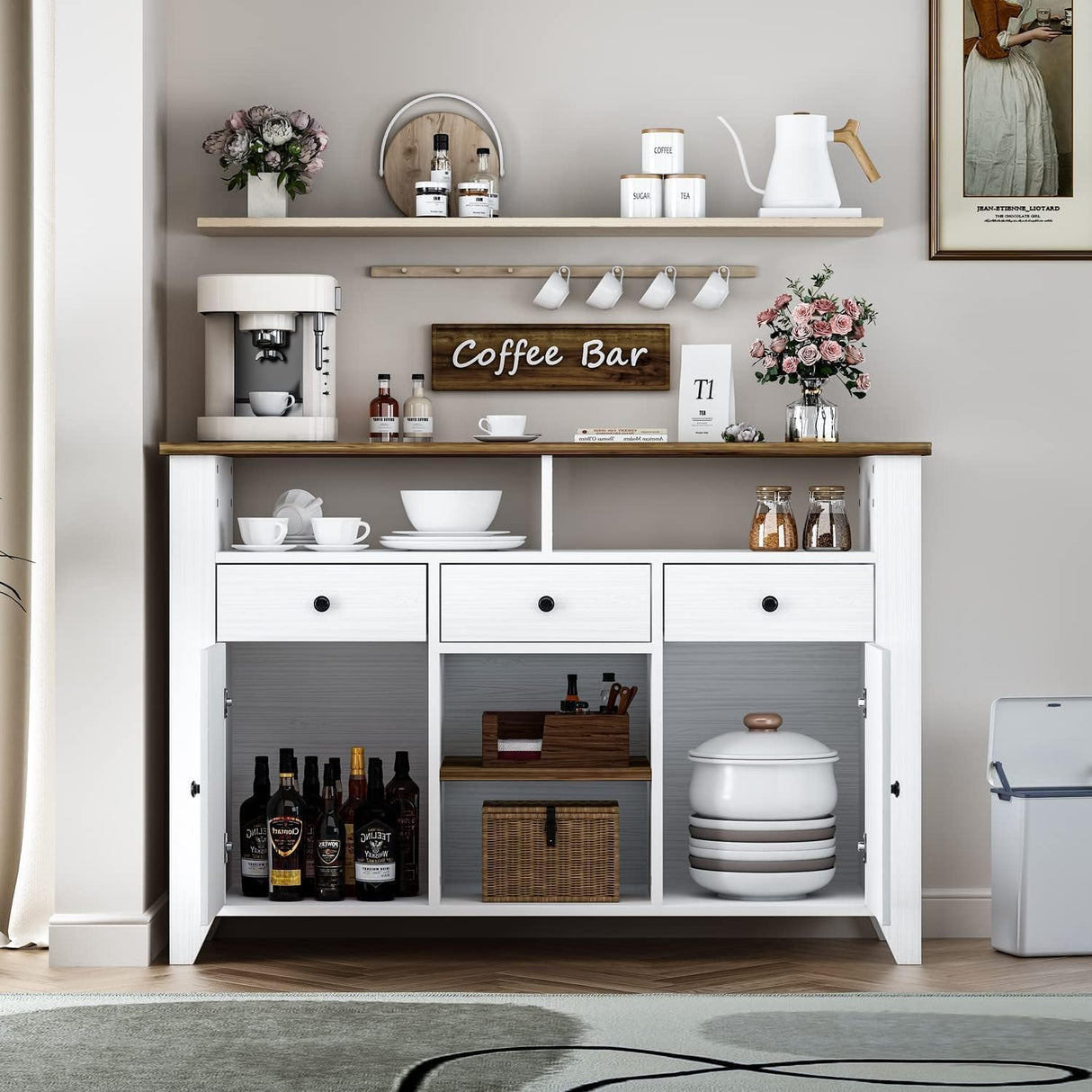 Elegant White Coffee Bar Cabinet with Storage - 47'' Farmhouse Buffet with 3 Drawers, 2 Doors, and Open Shelf 4ever2buy