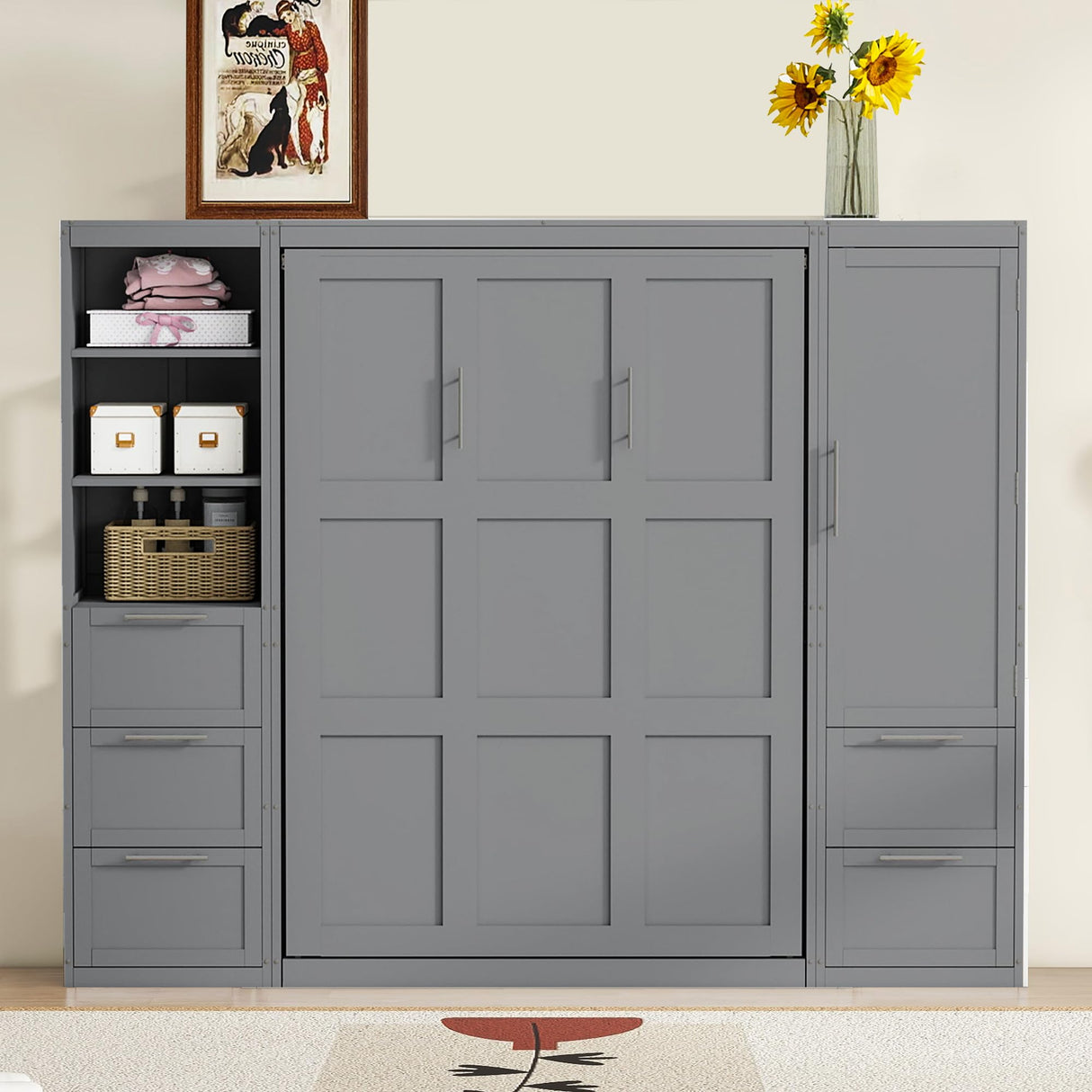 Harper & Bright Designs Queen Size Murphy Bed with Closet, Wall Bed with Drawers and Shelves, Gray Harper & Bright Designs