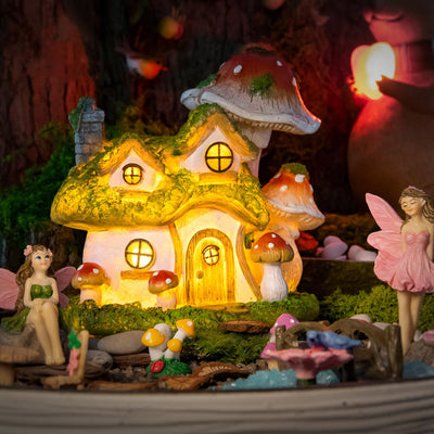 Solar Powered Fairy Garden Kit, 13 Piece Miniature Fairy Garden Accessories with LED Mushroom House, Path, Fairies and Crystals, for Kids, Indoor, Outdoor Decor
