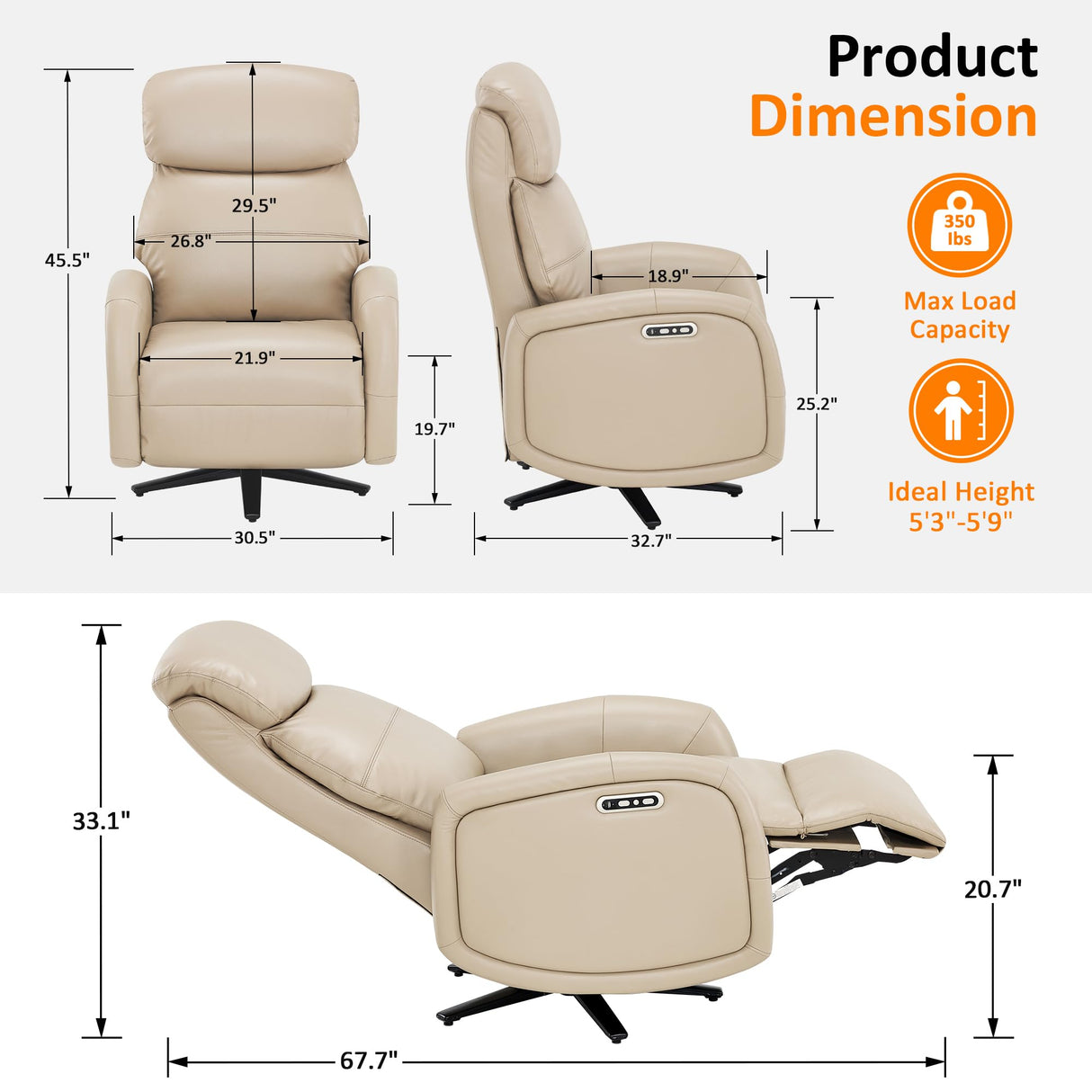 MCombo Dual Motor Power Recliner Chair for Adults, Modern Faux Leather Electric Swivel Recliner with USB Charging, Heavy Duty Adjustable Lounge Chair for Living Room & Bedroom 4610 (Beige) MCombo
