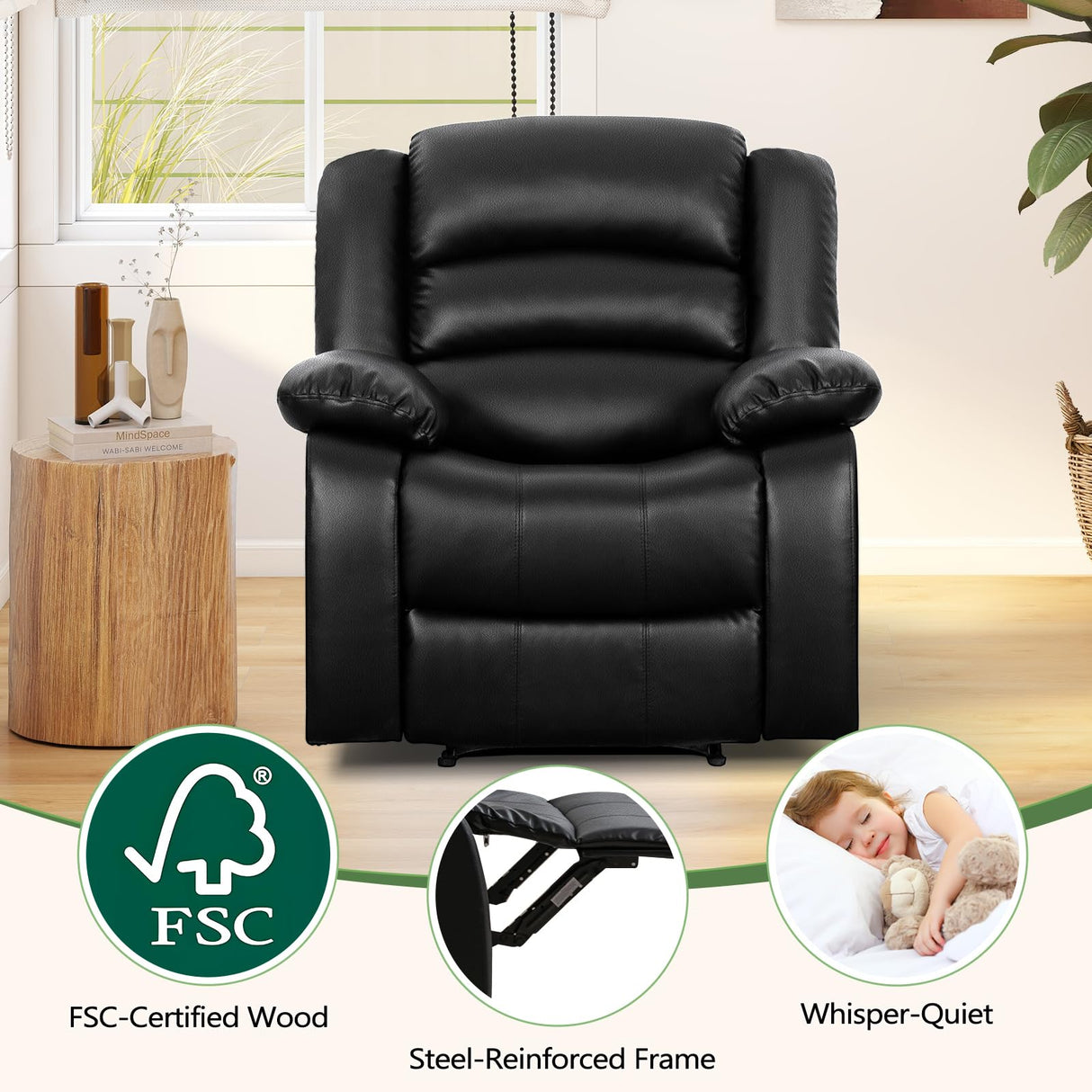 ANJ Black Recliner Chair Set of 2, with Overstuffed Arm and Back, Breathable Faux Leather Manual Reclining Chairs, Living Room Single Sofa Recliners ANJ