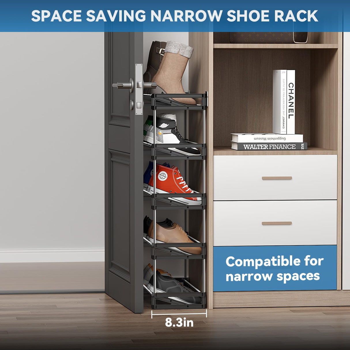 DEYILIAN Free Standing Shoe Racks, 5 Tier Shoe Rack for Entryway Shoe Storage Narrow Shoe Rack Holds 10 Pairs of Shoes with Slanted Space Saving Shoe Shelf Shoe Organizer for Closet Black DEYILIAN