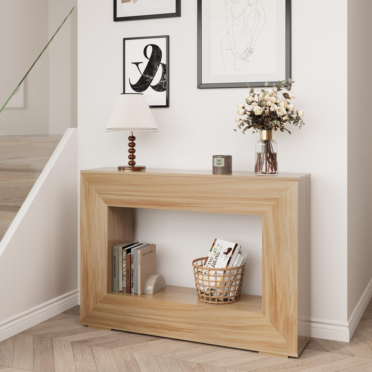 ROOMTEC 47" Farmhouse Console Table, Narrow Entryway Console Table, Sofa Tables with Storage, Industrial Hallway Accent Tables for Living Room, Entrance, Foyer (Oak Color) ROOMTEC