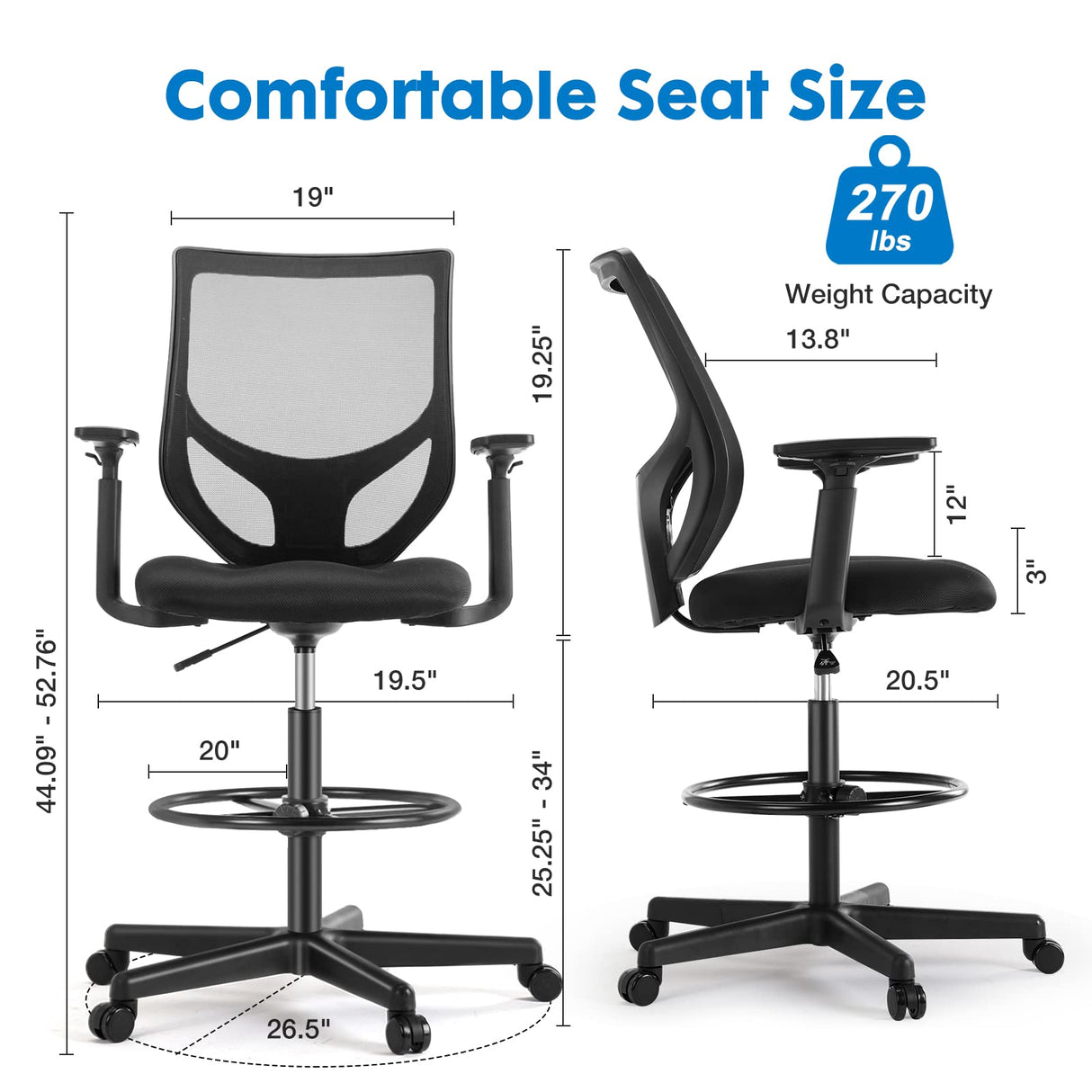 Drafting Chair - Tall Standing Office Desk Chair with Adjustable Foot Ring, Chair with Ergonomic Lumbar Support, Adjustable Height, Breathable Mesh OLIXIS