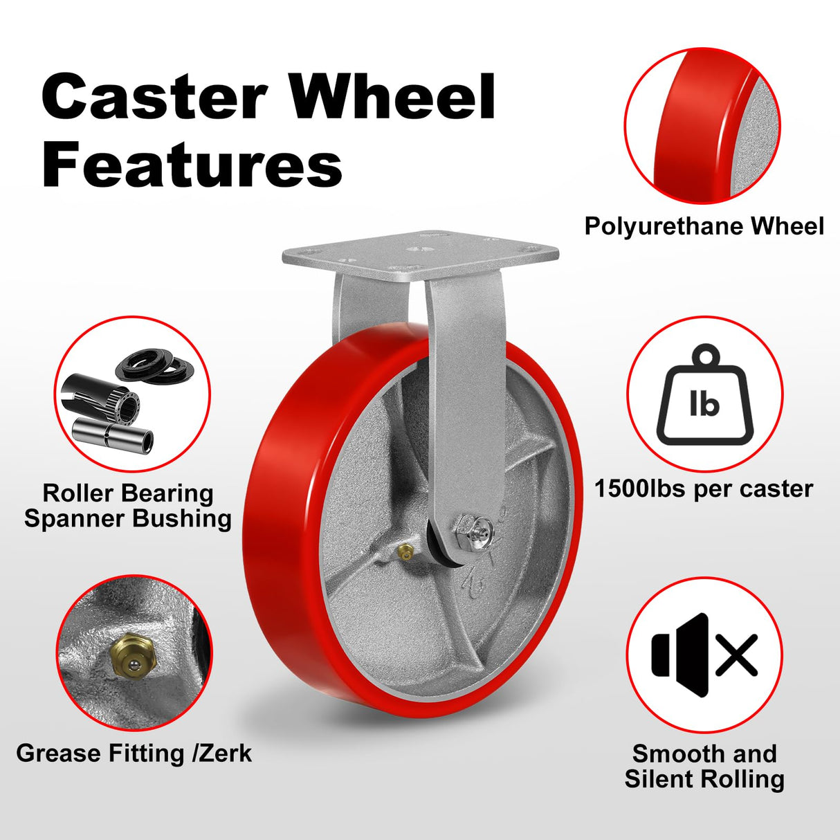 NINOSO 8"X 2" Heavy Duty Caster Wheels, Swivel Casters Set of 4 Polyurethane Wheel with Strong Load-Bearing Capacity 6000lbs, Industrial Casters for Toolbox Workbench (2 Brakes & 2 Rigid) Ninoso