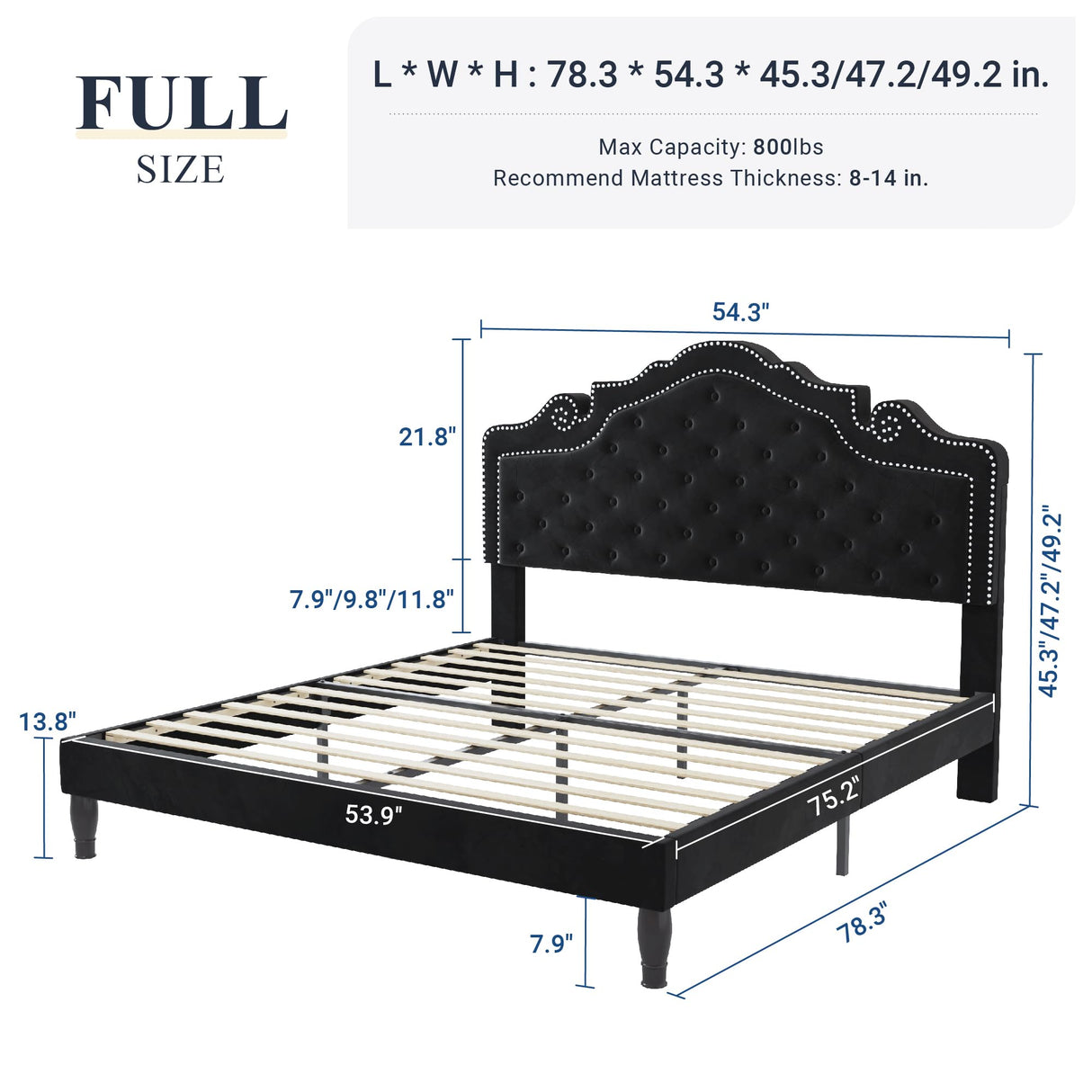 Allewie Full Size Platform Bed Frame with Adjustable Velvet Tiara Headboard, Upholstered Diamond Button Tufted, Wood Slats Support, No Box Spring Needed, Black Allewie
