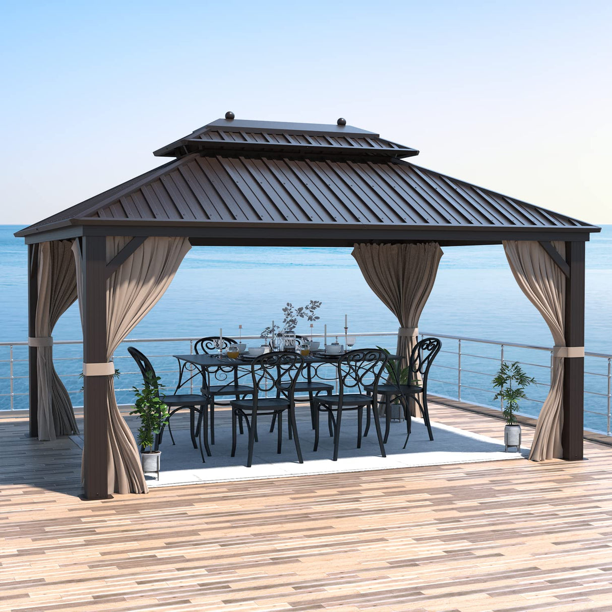 EROMMY 10'x13' Hardtop Gazebo, Galvanized Steel Outdoor Aluminum Canopy with Netting and Shaded Curtains, Double Roof Pergolas, Permanent Metal Pavilion for Patio, Backyard, Deck and Lawns, Brown EROMMY