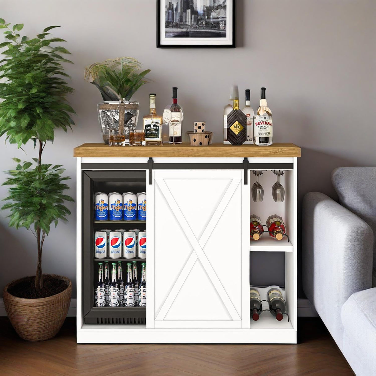 JassmiPkwy Coffee Bar Cabinet with Fridge Space, Farmhouse Wine Cabinet with Rack, Power Outlet for Kitchen Dining Room Living Room, White JassmiPkwy