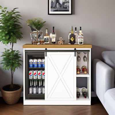 JassmiPkwy Coffee Bar Cabinet with Fridge Space, Farmhouse Wine Cabinet with Rack, Power Outlet for Kitchen Dining Room Living Room, White