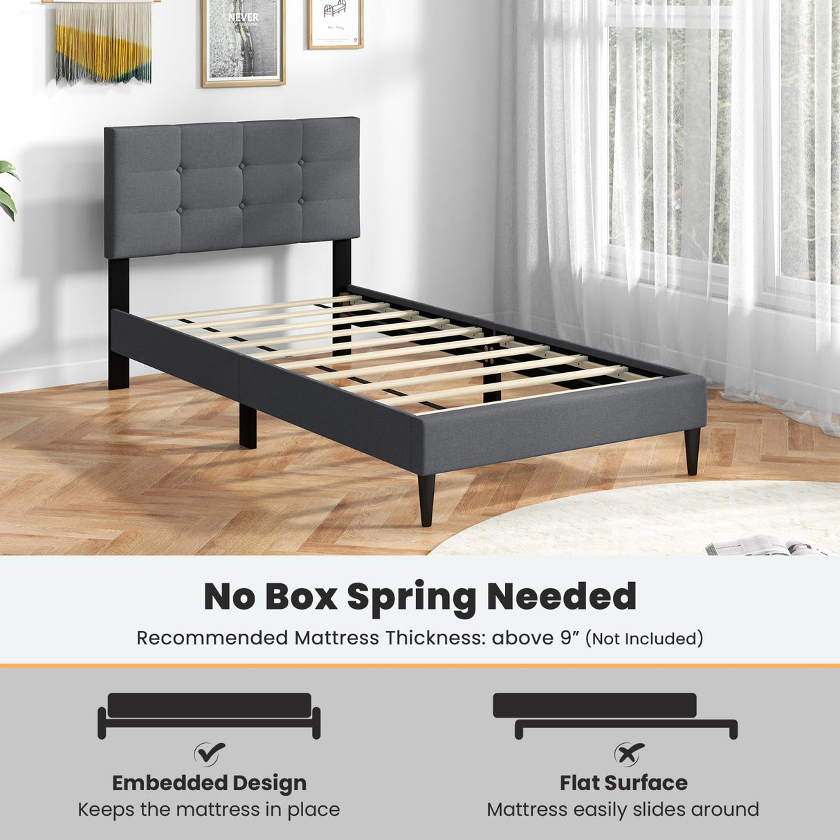 Giantex Twin Bed Frames for Kids, Modern Fabric Linen Upholstered Platform Bed Frame with Button Tufted Headboard and Wooden Slats, No Box Spring Needed, Kids Twin Bed for Boys Girls, Grey Giantex