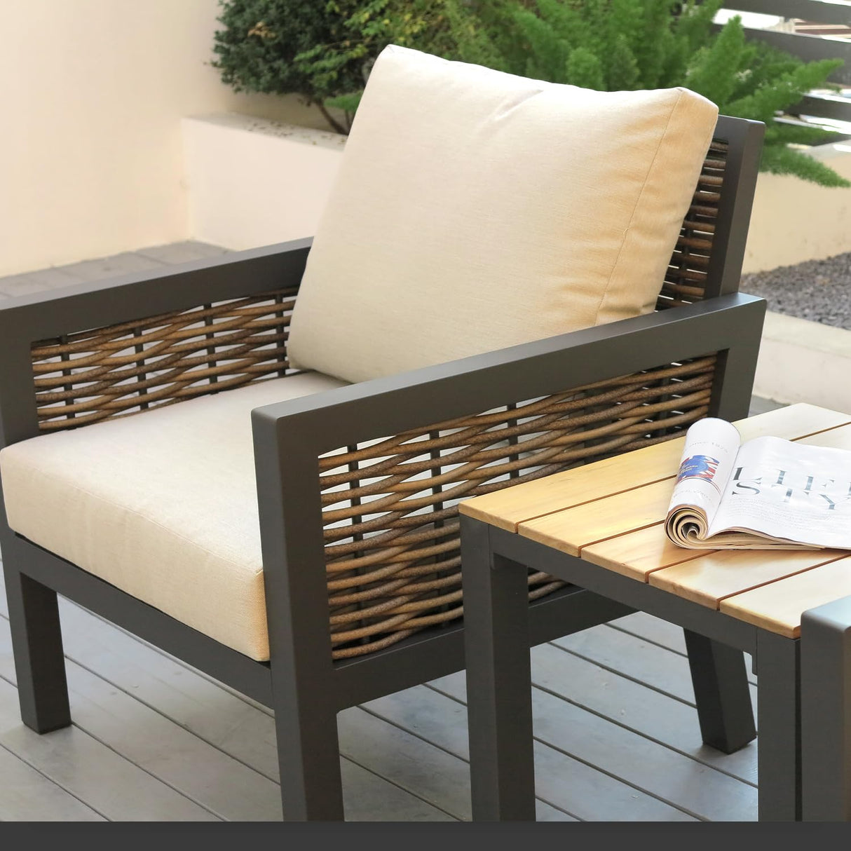 Yoneesn Courtyard Patio Furniture Set, 3-Piece Outdoor Bistro Set, Removable & Washable Deep Seating Cushion, Aluminum Patio Lounge Conversation Set Solid Wood Armrest & Table, Black & Beige Yoneesn