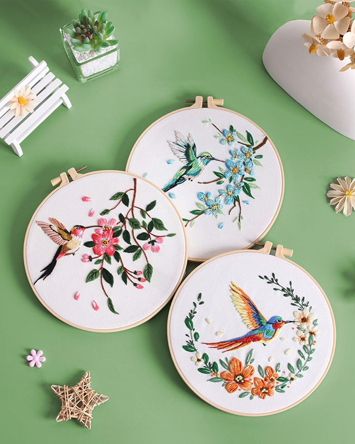 ERKOON 5 Sets Embroidery Kit for Beginners, Hummingbird and Flower Cross Stitch Set for Include Embroidery Cloth Hoops Threads for Craft Lover Hand Stitch with Embroidery Skill Techniques ERKOON