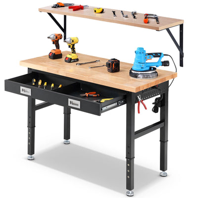 ENJOYWOOD Work Bench with Storage Adjustable Workbenches with Drawers for Garage 48 Inch Rubber Wood Top Garage Workbench with Shelf Bracket,Power Outlets for Woodworking, Home, Office, Workshop