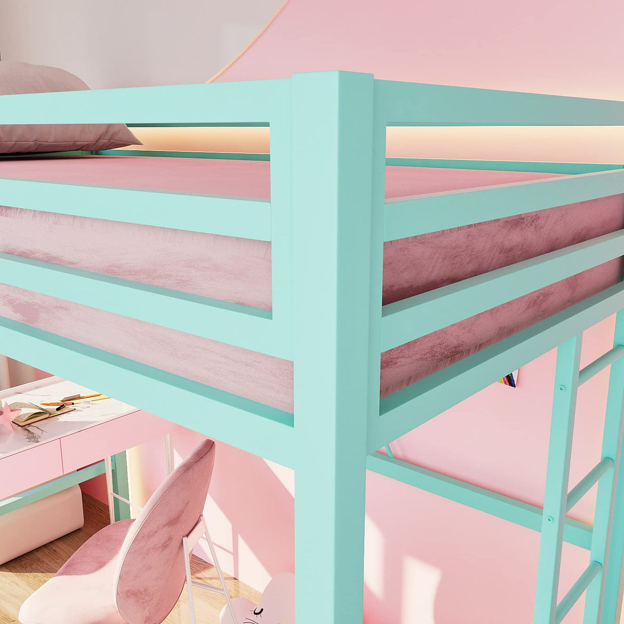 ikalido Aqua Green Twin Metal Loft Bed with Safety Guard, Removable Ladder, and Space-Saving Design ikalido