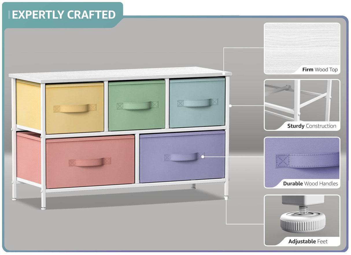Sorbus Kids Dresser with 5 Drawers - Storage Chest Organizer Unit with Steel Frame, Wood Top, Easy Pull Fabric Bins - Long Wide TV Stand for Bedroom Furniture, Hallway, Closet & Office Organization Sorbus