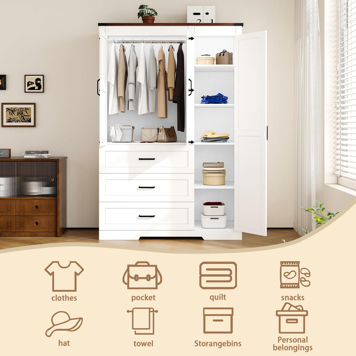 3 Door Armoire Wardrobe Closet Cabinet with 3 Drawers and Drawers, Farmhouse Bedroom Armoire with Hanging Rod and Adjustable Shelves, Large Capacity Storage Wardrobe Armoire for Bedroom, White DalyLuxa