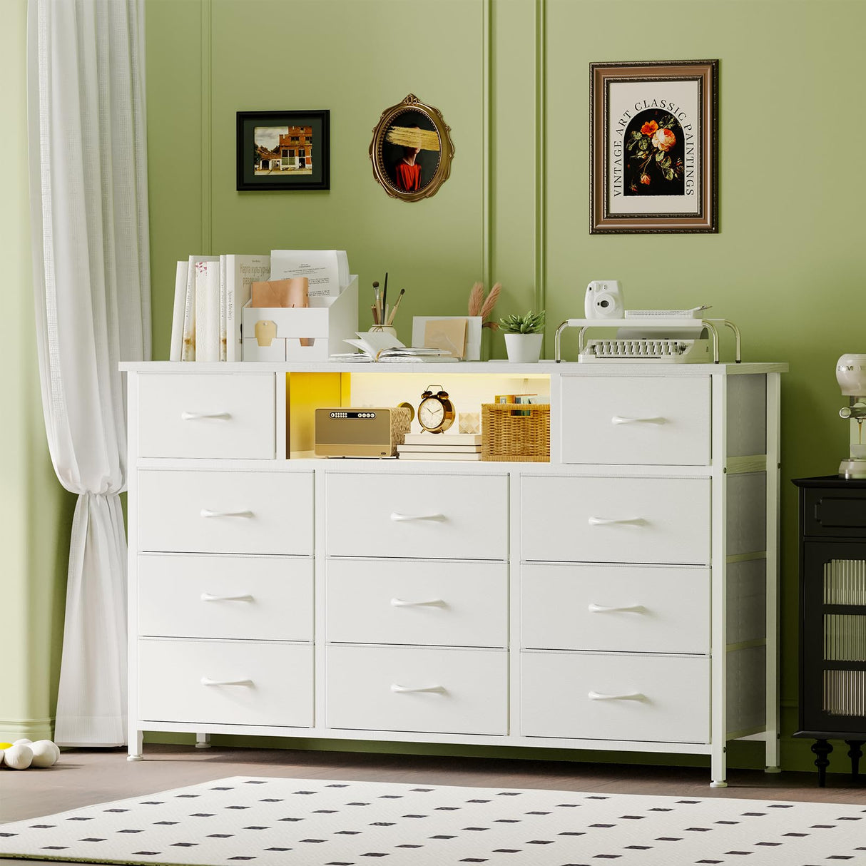 YGEOMER 59 Inches Long Dresser White Dresser or Bedroom 65-inch TV Stand with Charging Station and LED Lights, Fabric Chest of Drawers with PU Finish for Bedroom, Entryway YGEOMER