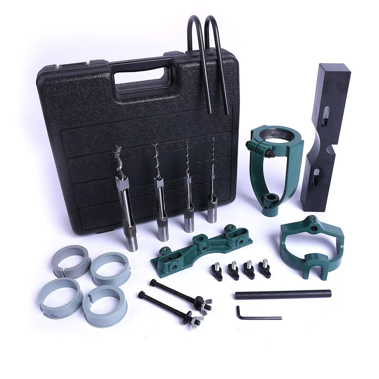 LNROE-K Mortising Attachment for Drill Press, 4 Model Drills Square Hole Chisel Set, Mortise and Tenon Tools, Drill Press Mortising Attachment Kit, Woodworking Mortise Bench Drill Locator Set LNROE-K