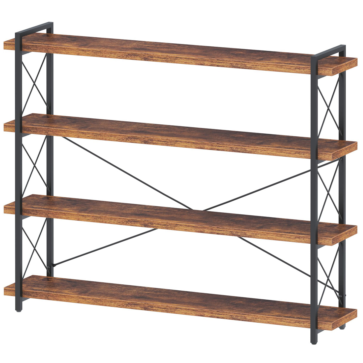 HCHQHS Large Bookshelf, 4-Tier Long Industrial Bookcase, Rustic Brown Book Shelf, Freestanding Horizontal Bookshelves with Metal Frame HCHQHS