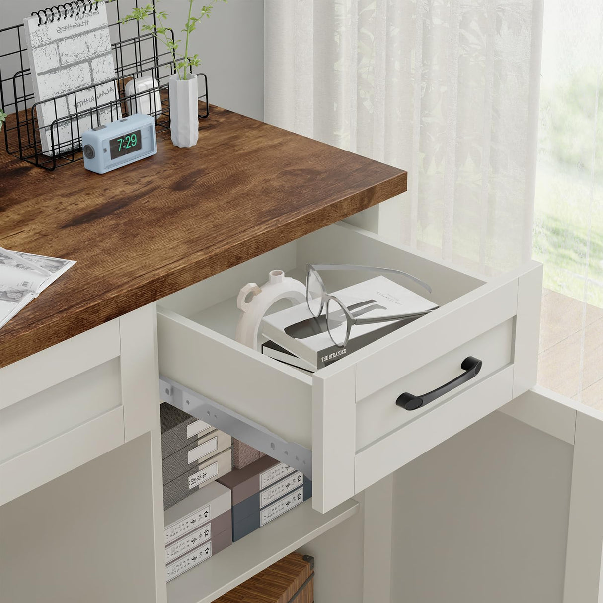 Emirde Farmhouse 47" Executive Desk, Computer Desks with Drawers and Storage Cabinet, Workstation Computer Desk for Home Office, Study.(White Emirde