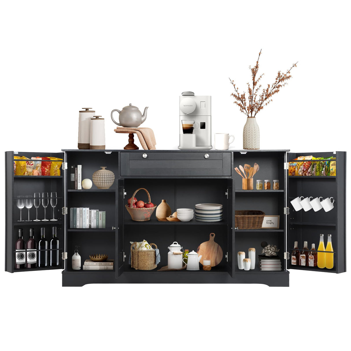 MAIBH 54" Buffet Cabinet with Drawer, Modern Kitchen Pantry Sideboard Storage Cabinets with 4 Doors and Adjustive Shelves, Coffee Bar Cabinet Buffet Table with Large Storage for Living Room (Black) MAIBH