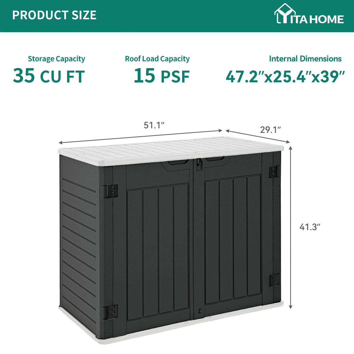 YITAHOME Outdoor Resin Storage Sheds, 39 in Height Lockable Waterproof Horizontal Shed w/o Shelf,Easy to Assemble Shed Storage for Garden Tools, Dark Gray YITAHOME