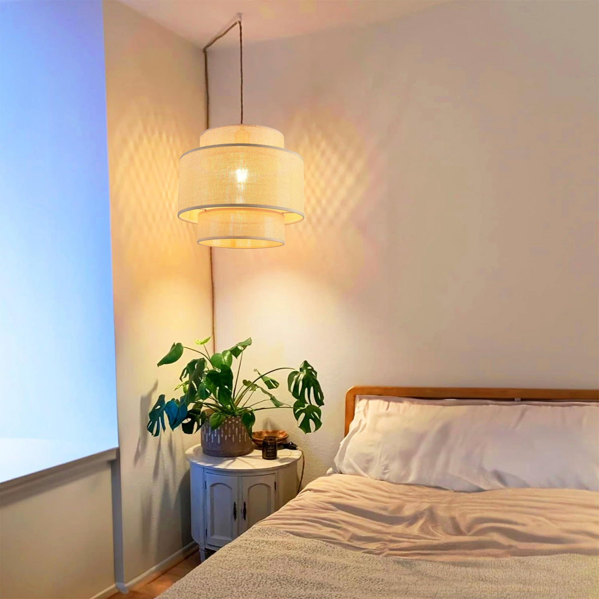 QIYIZM Plug in Pendant Light Hanging Lights with Plug in Cord Hanging Lamp Rattan Boho Dimmable,Wicker Bamboo Woven Lamp Shade, Plug in Ceiling Light Fixture for Farmhouse Living Room Bedroom Kitchen QIYIZM