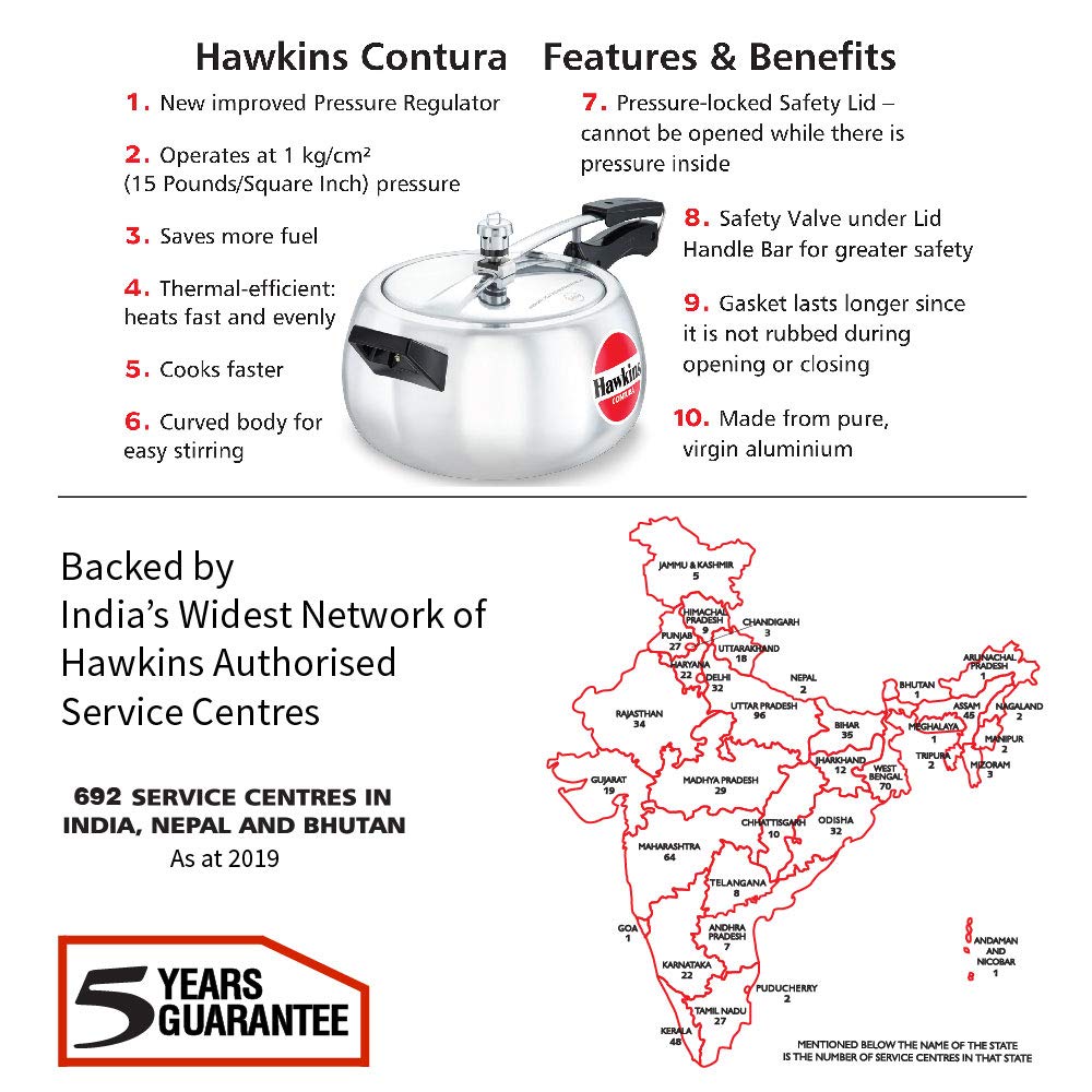 Hawkins 5 Litre Contura Pressure Cooker, Handi Inner Lid Cooker, Silver (HC50), Aluminium HAWKINS
