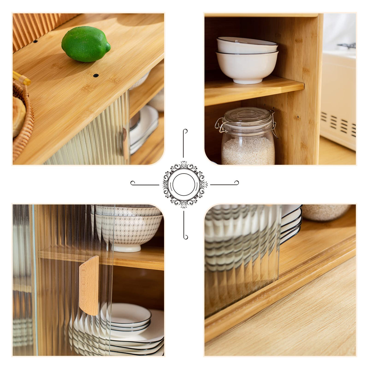 HollyHOME Burlywood Bamboo Wall-Mounted Kitchen Pantry with Sliding Glass Doors and Ample Storage HollyHOME