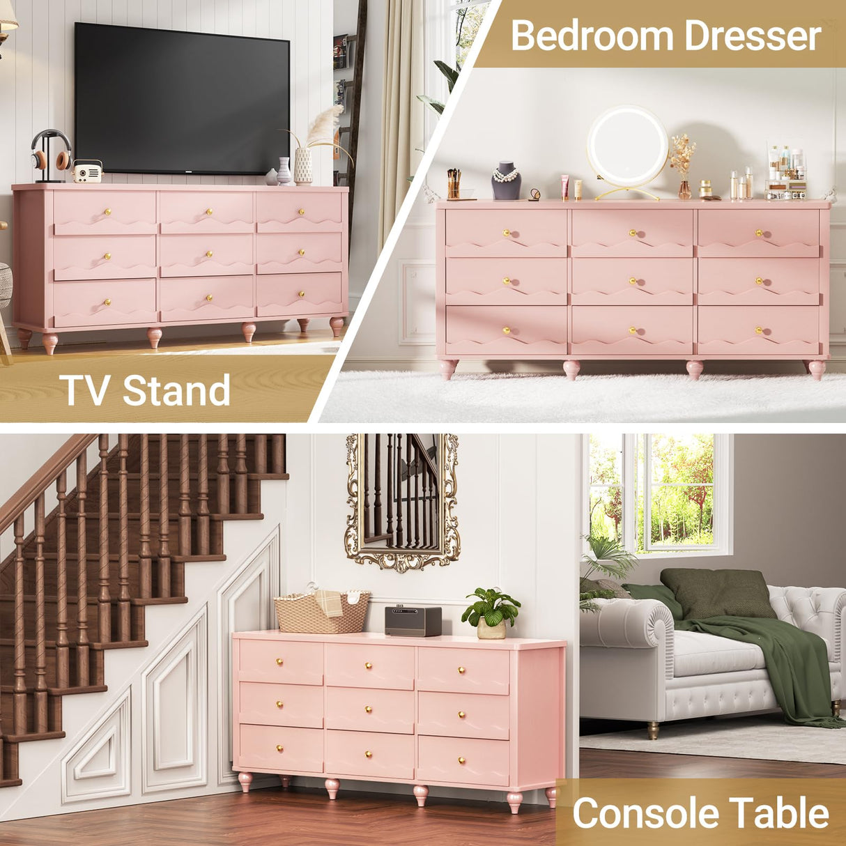 Cyclysio 9 Drawer Dresser, 63" Wide Modern Chest of Drawers TV Stand with Smooth Slides and Rustic Handles, Wood Drawer Organizer for Bedroom Living Room Hallway (Pink) Cyclysio