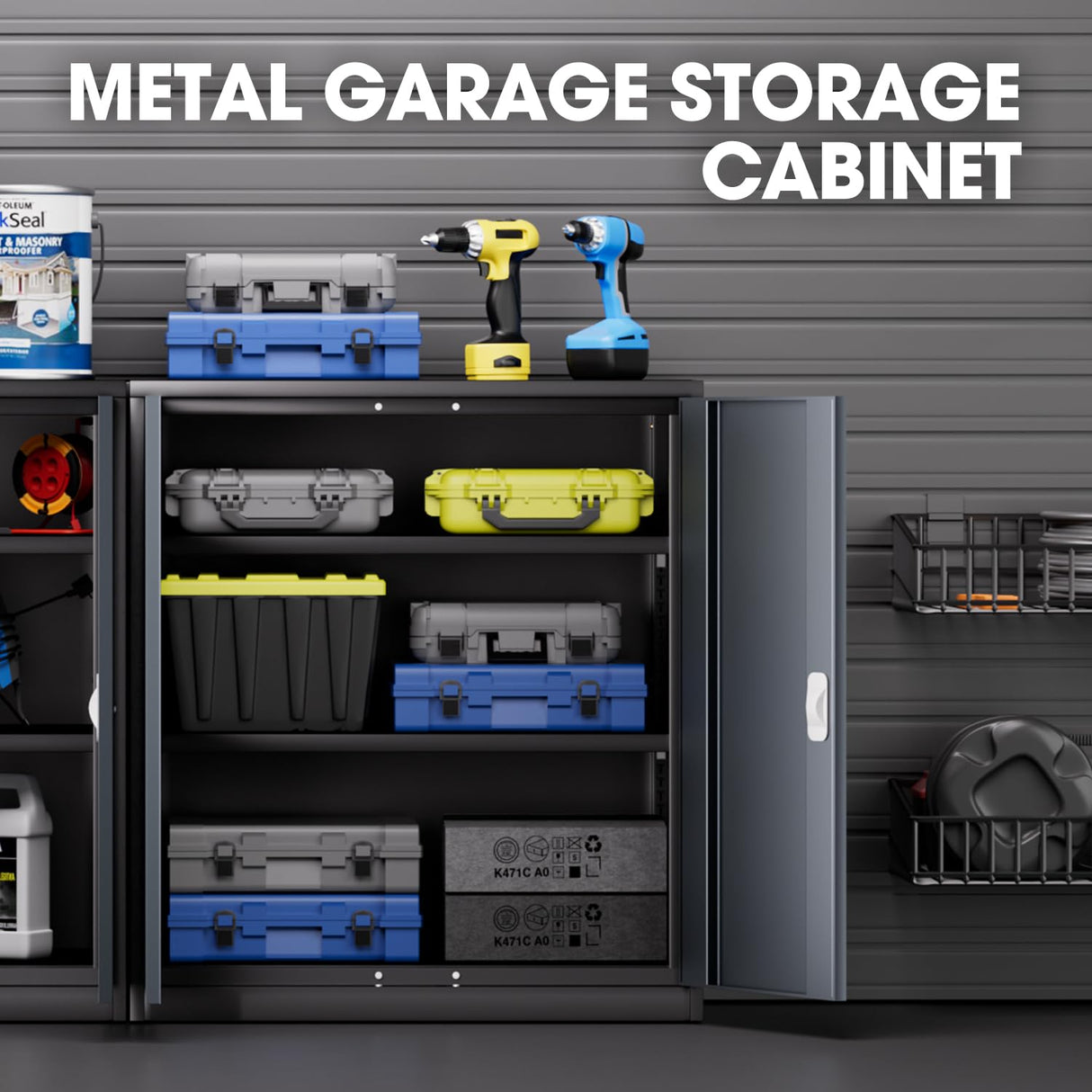 DNA MOTORING Metal Storage Cabinet, 36'' Locking Cabinet with 2 Doors and 2 Adjustable Shelves, Metal Cabinet Heavy Duty Utility Cabinet for Garage,Office,Home,Gym, Gray Black, TOOLS-00631-GY-BK DNA MOTORING