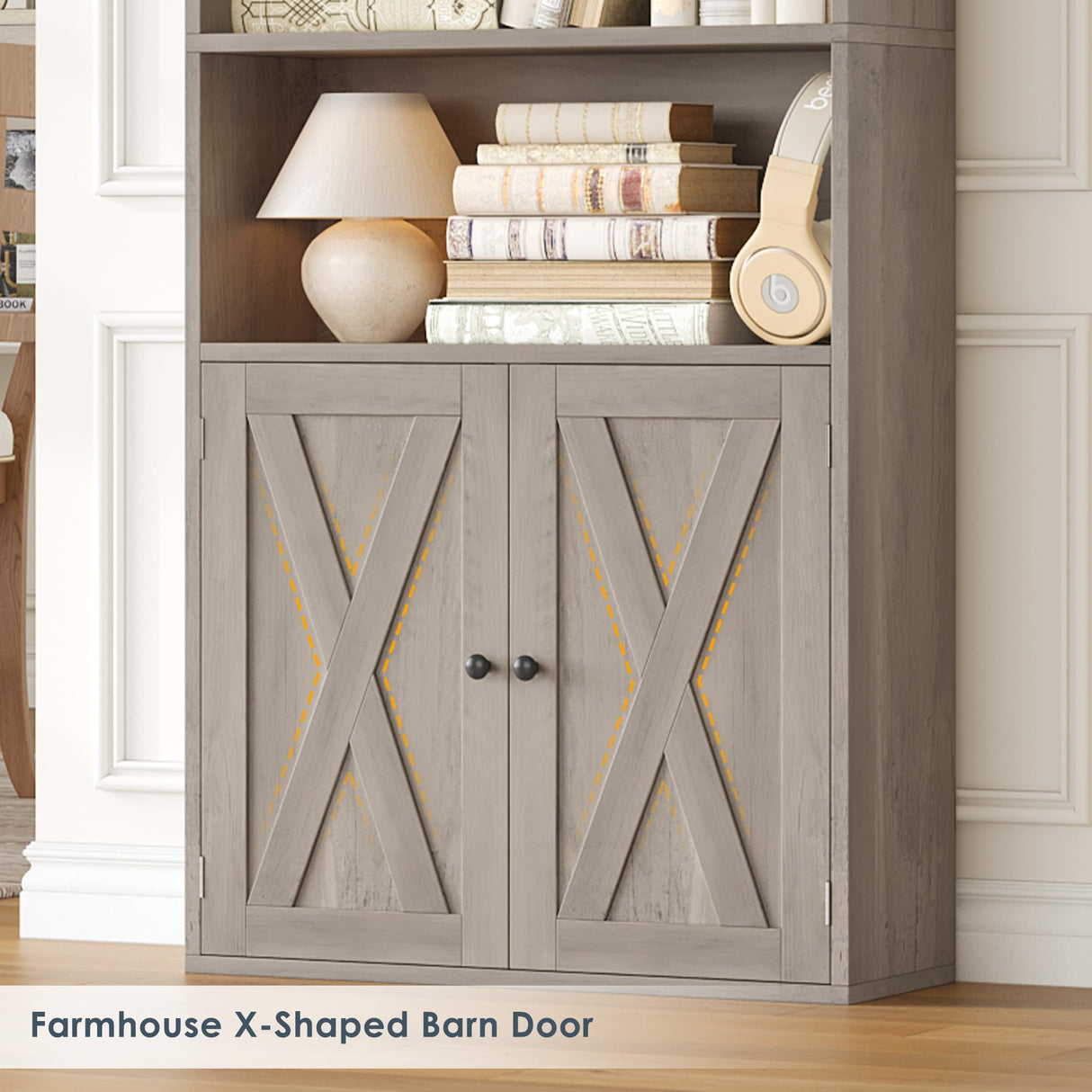 FACBOTALL 82" Tall Bookcase and Book Shelf, 24" Wide Bookshelf with Doors, 7 Tier Bookcase with Storage and Adjustable Shelf, Open and Display Farmhouse Bookshelf for Living Room, Home Office, Gray FACBOTALL