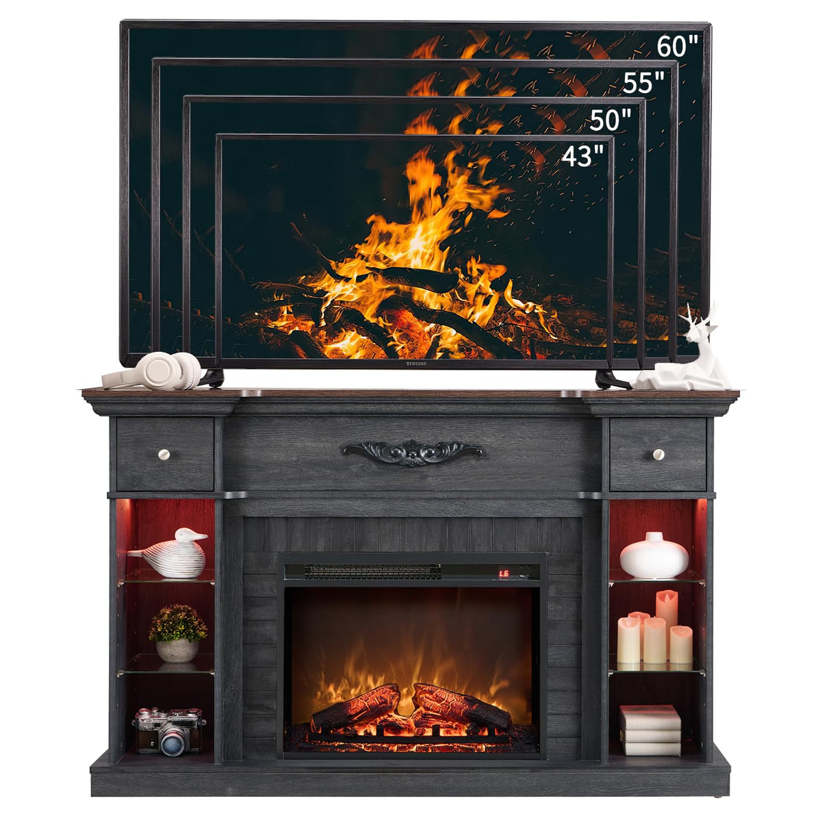 IFBUY 54" Farmhouse Electric Fireplace with Mantel, 33" Tall LED Fireplace TV Stand w/7 Lighting Colors, 23'' Freestanding Electric Fireplace Heater, Open Adjustable Shelves & Drawers, Grey IFBUY