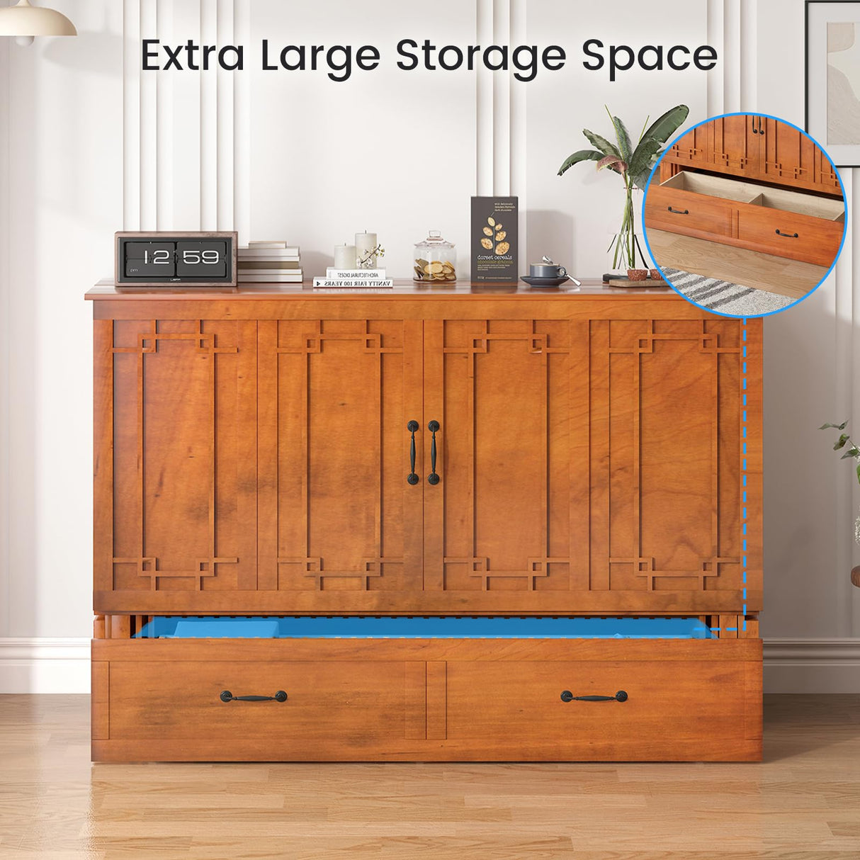 PUREMIND Queen Murphy Bed Cabinet with Mattress Included, Cabinet Beds with 2 Storage Drawers, Murphy Chest Bed with USB Charging Station, Horizontal Murphys Wallbed for Bedroom, Guest Room PUREMIND